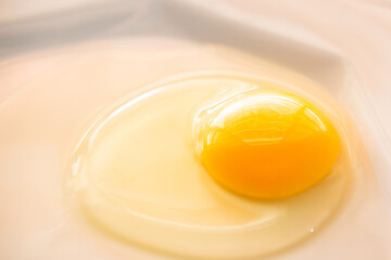 Um ovo cru dentro de um prato de louça branco.