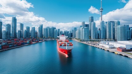 Fototapeta premium Vibrant Cargo Ship Docked in Front of Modern City Skyline Under Bright Blue Sky with Clouds