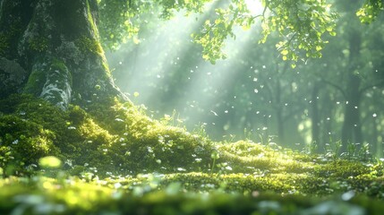 Obraz premium Enchanted Forest Dawn: Sunbeams through Canopy Illuminating Mossy Undergrowth