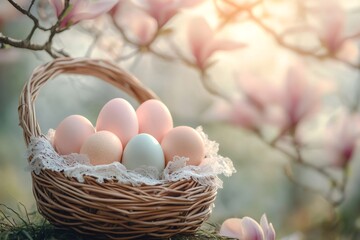Easter eggs in basket under blooming magnolia tree at sunset