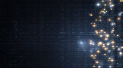 illustration of digital data transfer with binary code and glowing dots, featuring a cyber tech theme in a blue and black color scheme