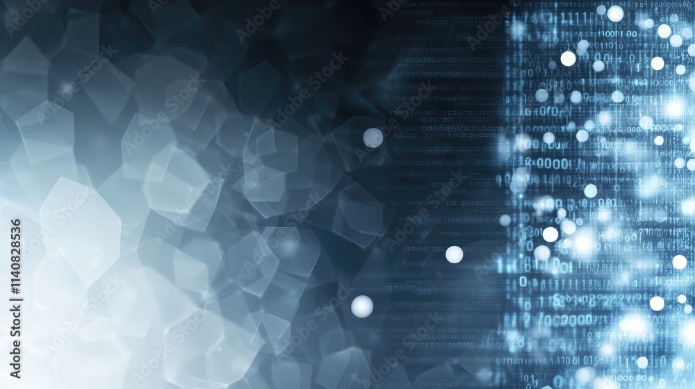 Poster illustration of digital data transfer with binary code and glowing dots, featuring a cyber tech them