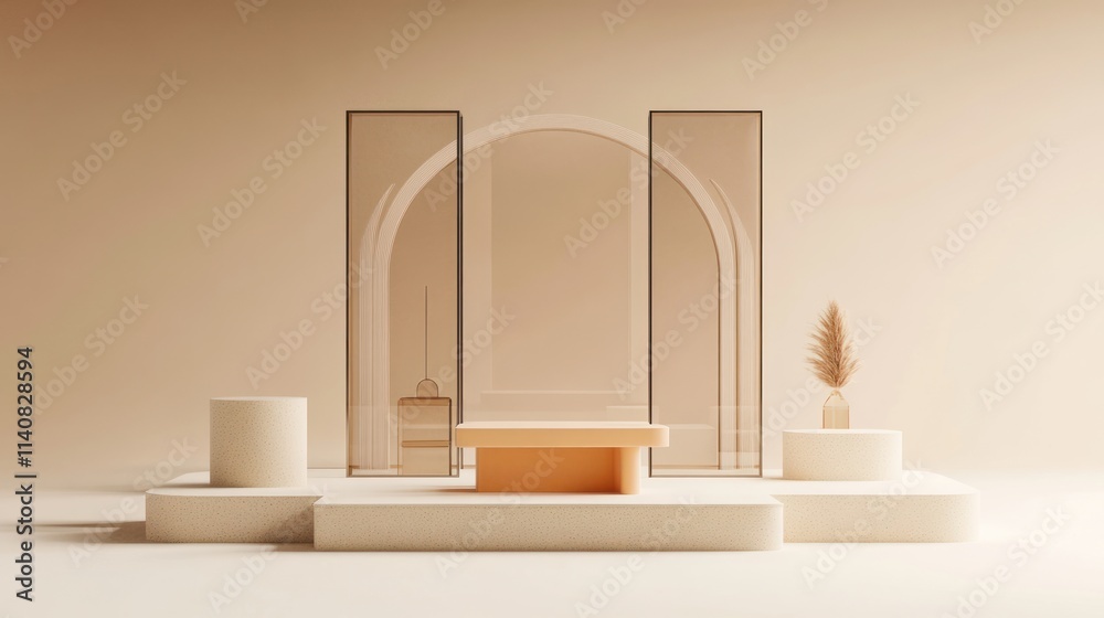 Poster a minimalist interior scene featuring geometric shapes and soft colors, creating a serene atmosphere