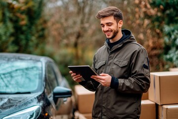 Delivery driver checks shipment details while smiling beside parked vehicle and packages