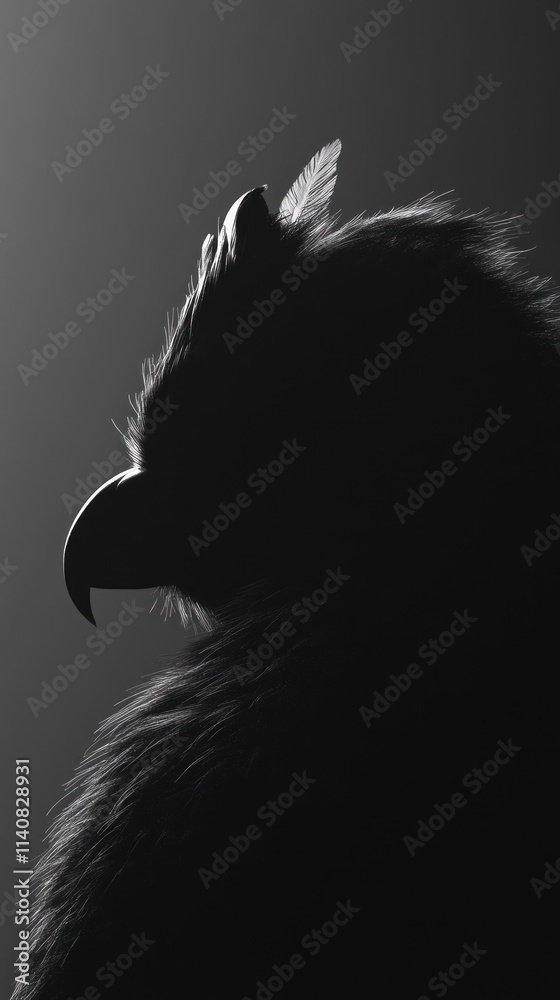 Poster a silhouette of a bird, emphasizing its features and texture against a light backdrop.