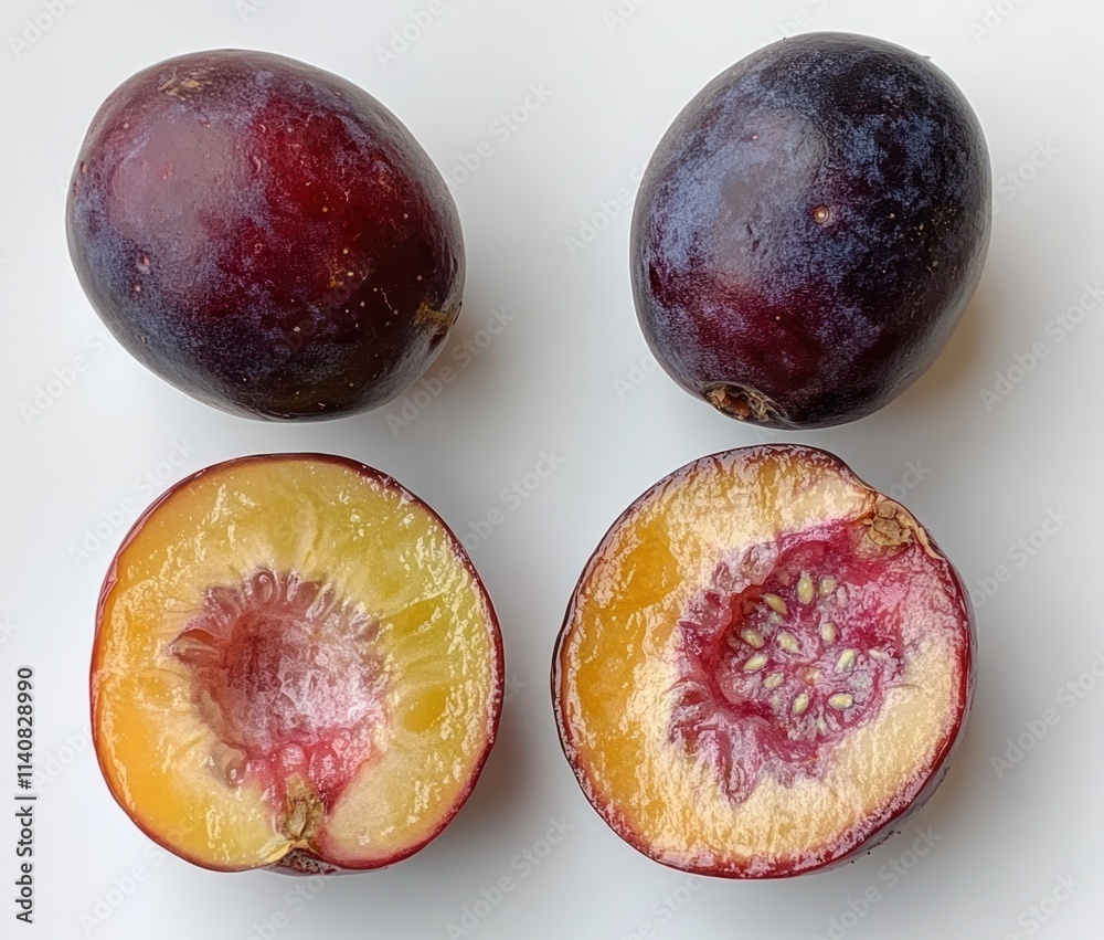 Poster a photo of whole and halved plums showcasing their color and texture.