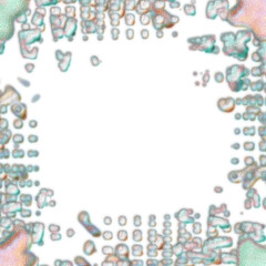 An abstract transparent psychedelic wavy splatter vignette design element overlay.