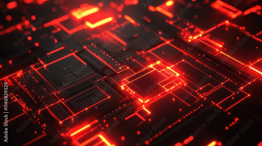 Poster Abstract digital landscape with glowing red lines and circuits.