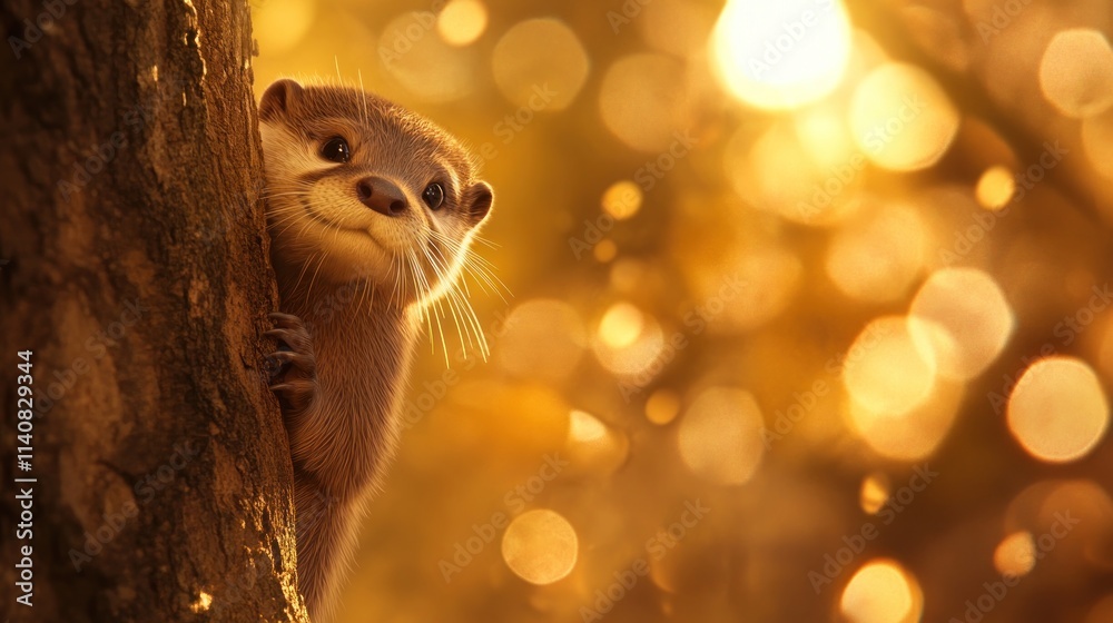 Aufkleber a curious otter peeks from behind a tree, illuminated by warm golden light.