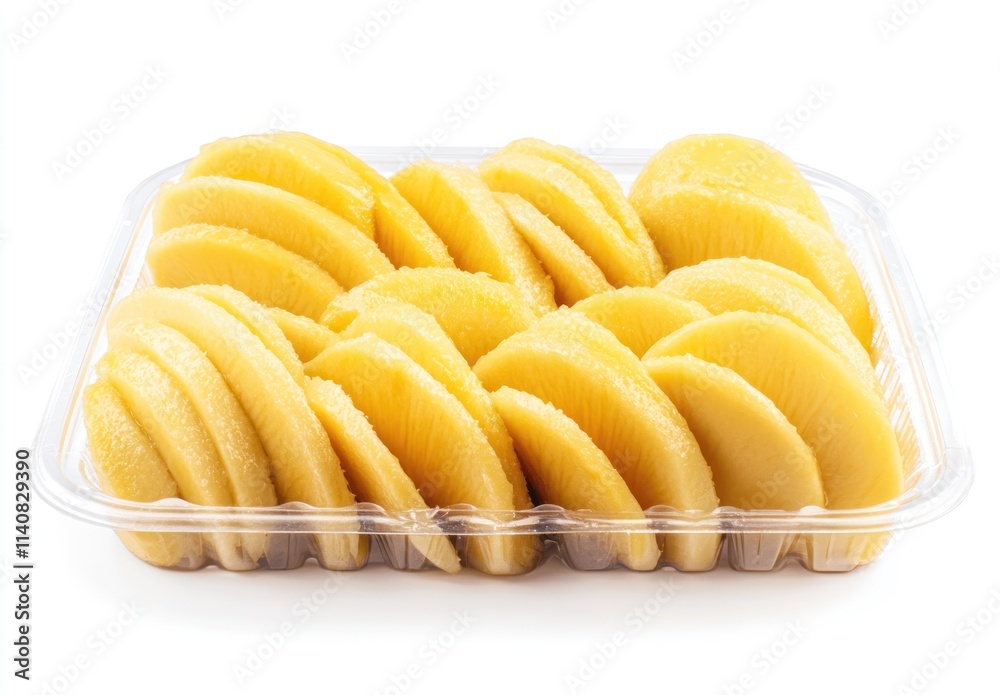 Poster sliced mango pieces arranged neatly in a plastic container.