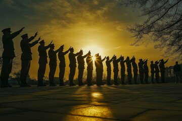 Fototapeta premium Silhouetted figures salute; sunset backdrop.