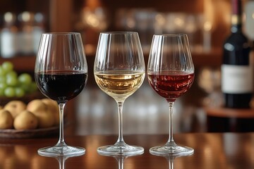 Wine tasting experience: red, white and rose wines displayed on bar counter