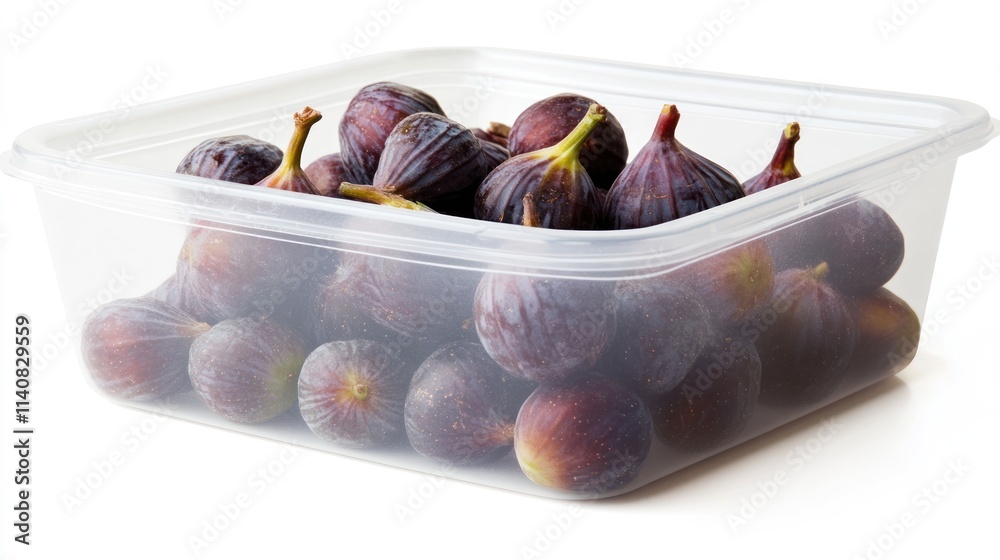 Poster a clear container filled with fresh figs, showcasing their rich color and texture.