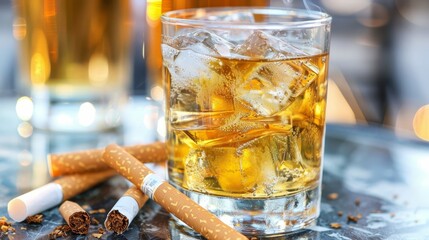 Glass of alcohol and cigarettes on table symbolizing the impact of bad habits in daily life