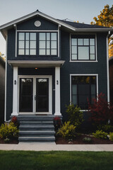 A two-story dark-grey house with white columns flanking the entrance.  Large windows and a grey stone staircase are prominent features.  Landscaping includes green and red shrubs.