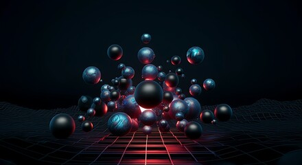 A futuristic 3D wallpaper of a digital grid with floating holographic spheres and neon lights.