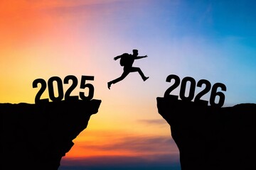 Happy new year 2026,Silhouette Man jumping from 2025 cliff to 2026 cliff on colorful sky background