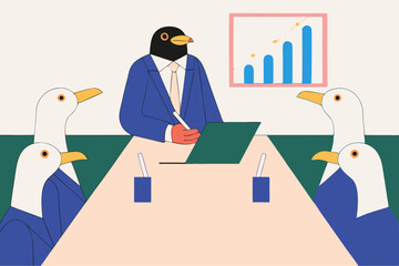 Penguins Dressed as Business Professionals in a Meeting Room