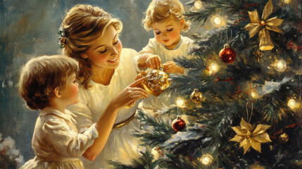 Mother with kids decorating Christmas tree
