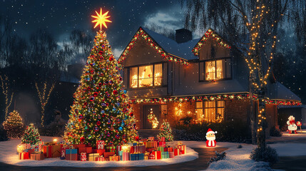 Lavish Christmas House with Towering Tree and Festive Decorations at Night