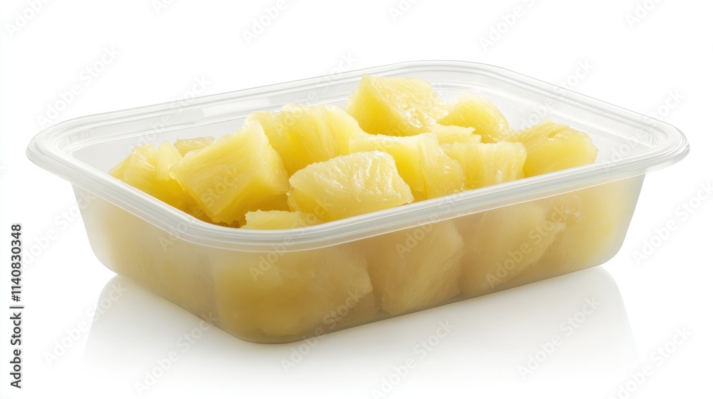 Poster a clear plastic container filled with chunks of pineapple in syrup.