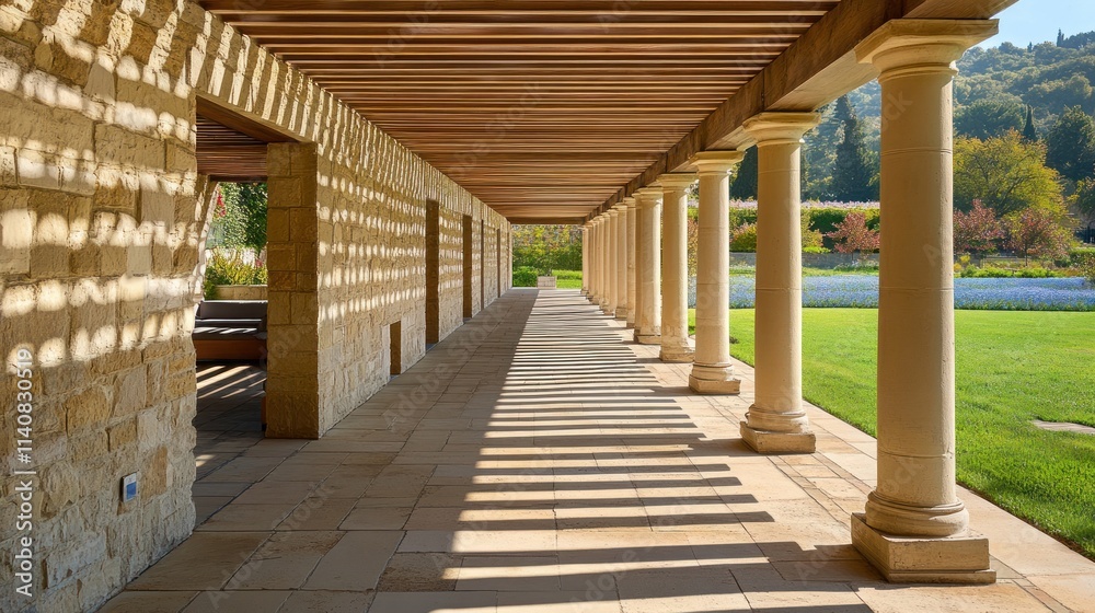 Aufkleber A serene architectural space with columns and shadows, surrounded by greenery.