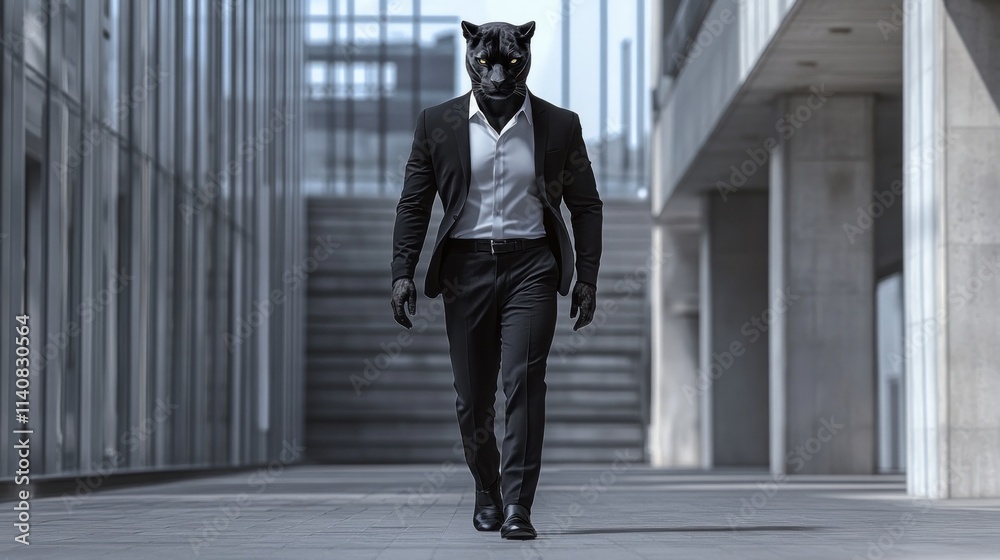 Poster a suited figure with a panther head walks confidently in a modern architectural space.