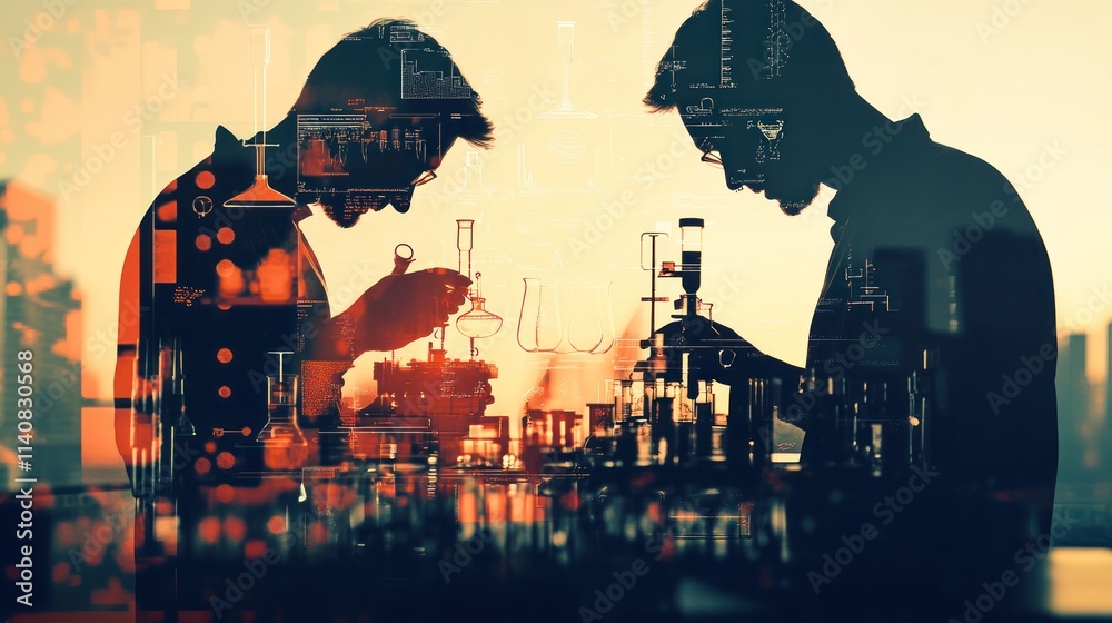 Poster A double exposure of scientists working in a lab, surrounded by various scientific equipment.