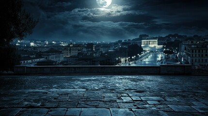 A moonlit cityscape showcasing a historic building against a dramatic night sky.