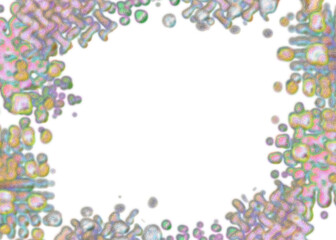 An abstract transparent psychedelic wavy splatter vignette design element overlay.