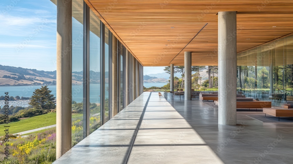 Poster modern architectural space with large windows overlooking a scenic landscape.