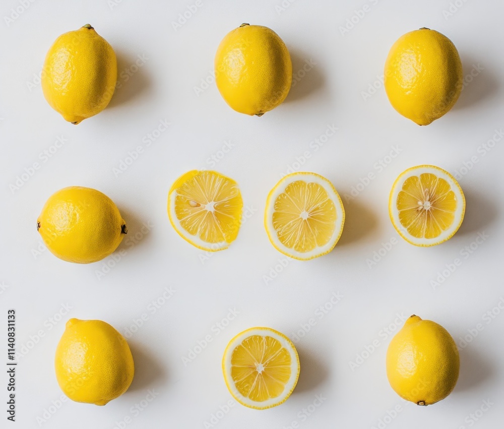 Poster a flat lay of whole and sliced lemons arranged in a grid pattern on a white background.
