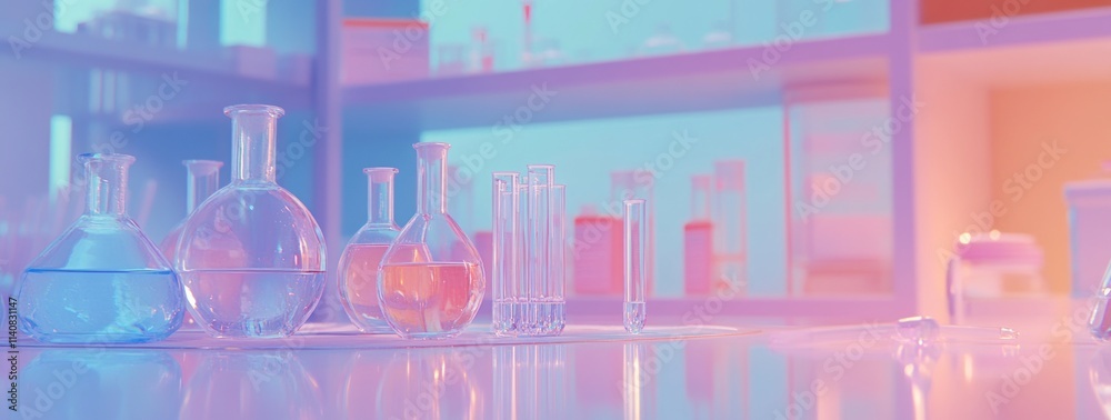 Poster a colorful laboratory scene with glassware and liquids, emphasizing scientific exploration.