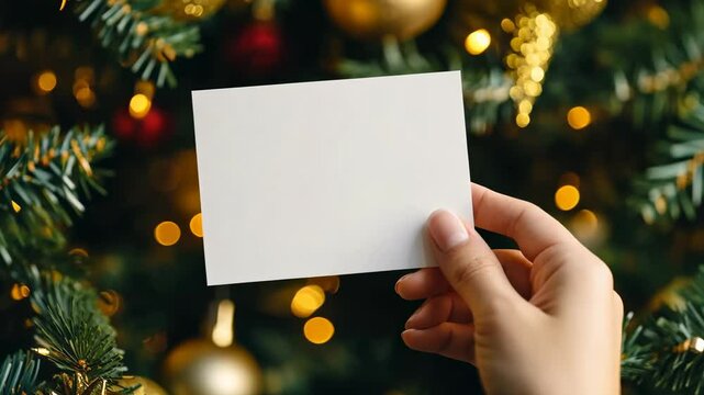 Christmas blank card in Female hand. White greeting card among decorated Christmas tree with holiday decorations. Frame note mock up with space for text. Empty paper sheet. Seasons greetings. Template