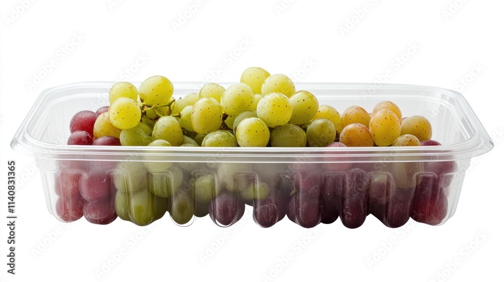 Poster a clear container filled with green and red grapes, showcasing fresh fruit for consumption.