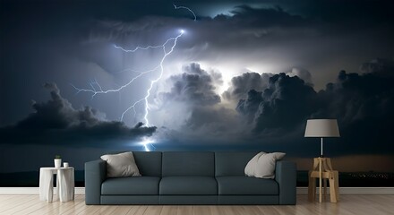 A 3D wallpaper of a stormy sky with lightning bolts breaking through the clouds