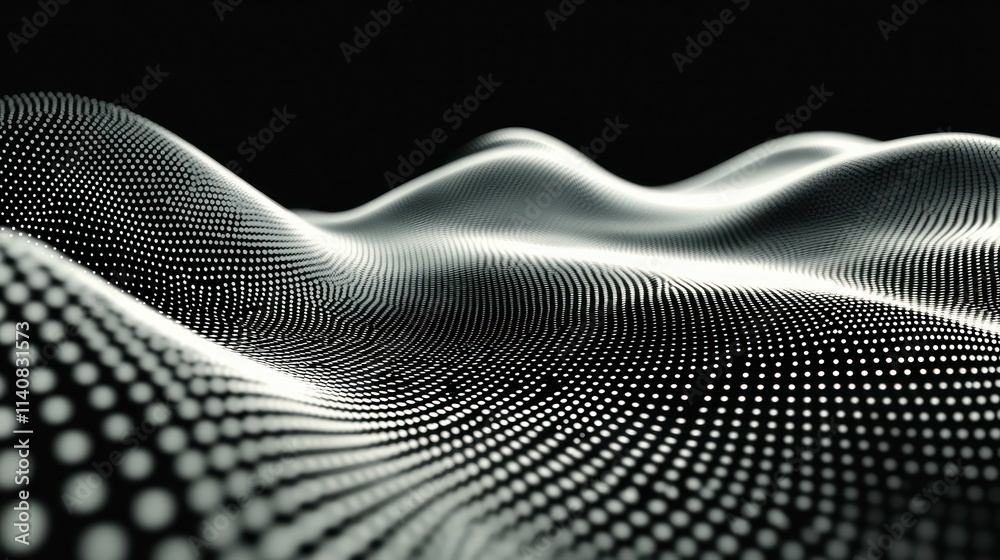 Poster Abstract digital landscape with flowing waves and dotted patterns in monochrome.