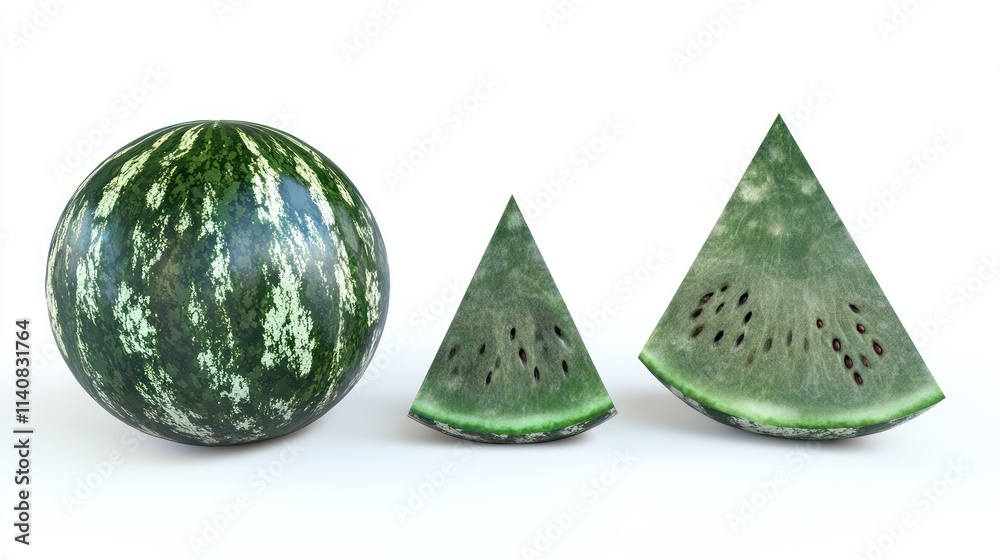 Poster a whole watermelon and two triangular slices displayed on a white background.