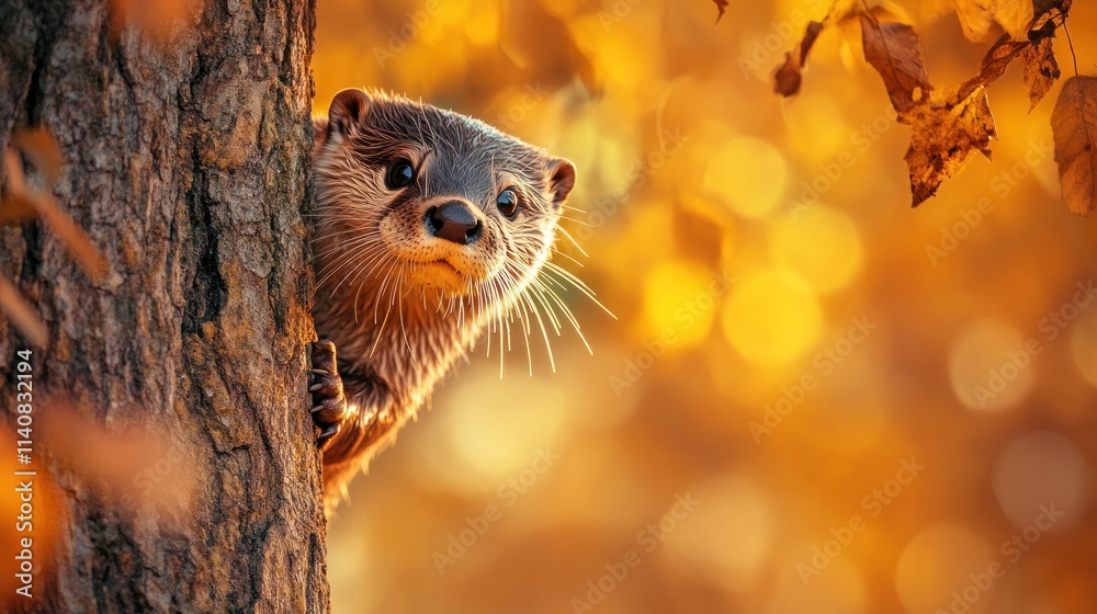 Poster a curious otter peeks from behind a tree amidst autumn foliage.