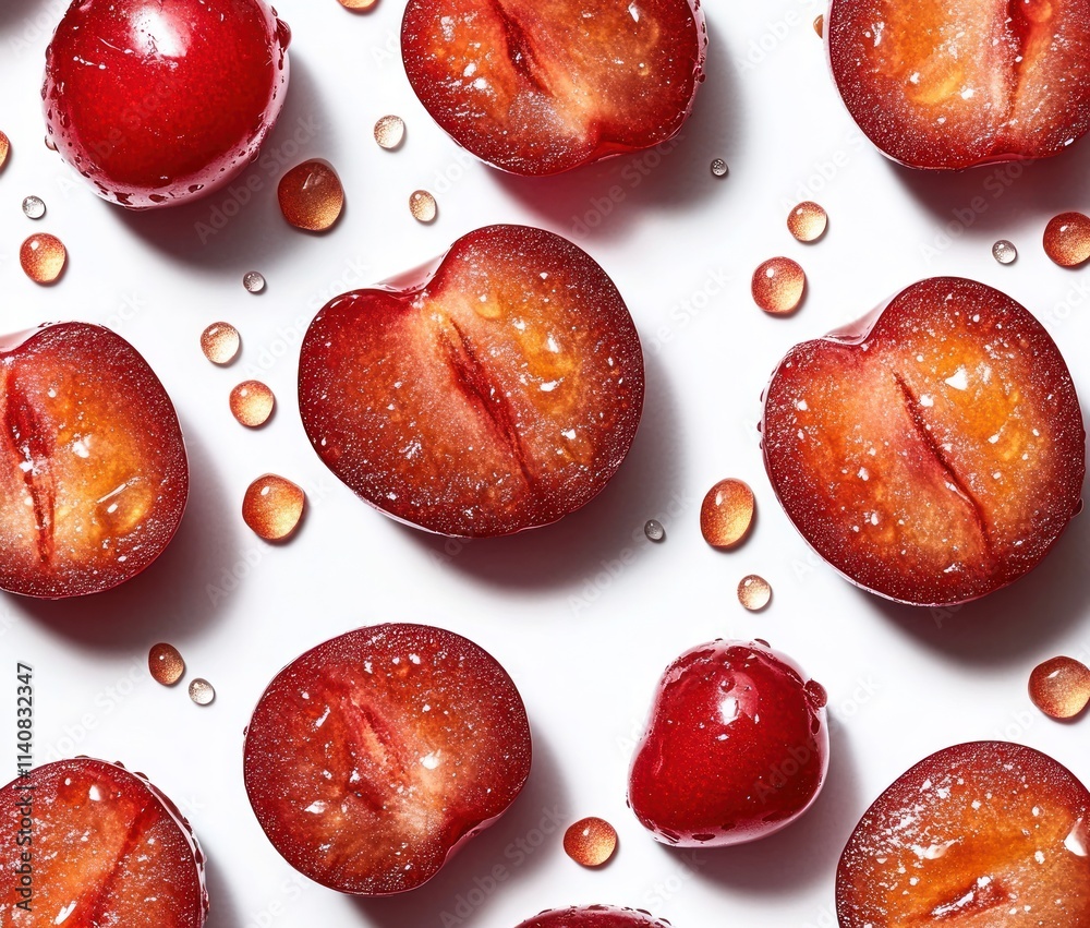 Poster a close-up of halved red plums with droplets on a white surface, highlighting freshness.