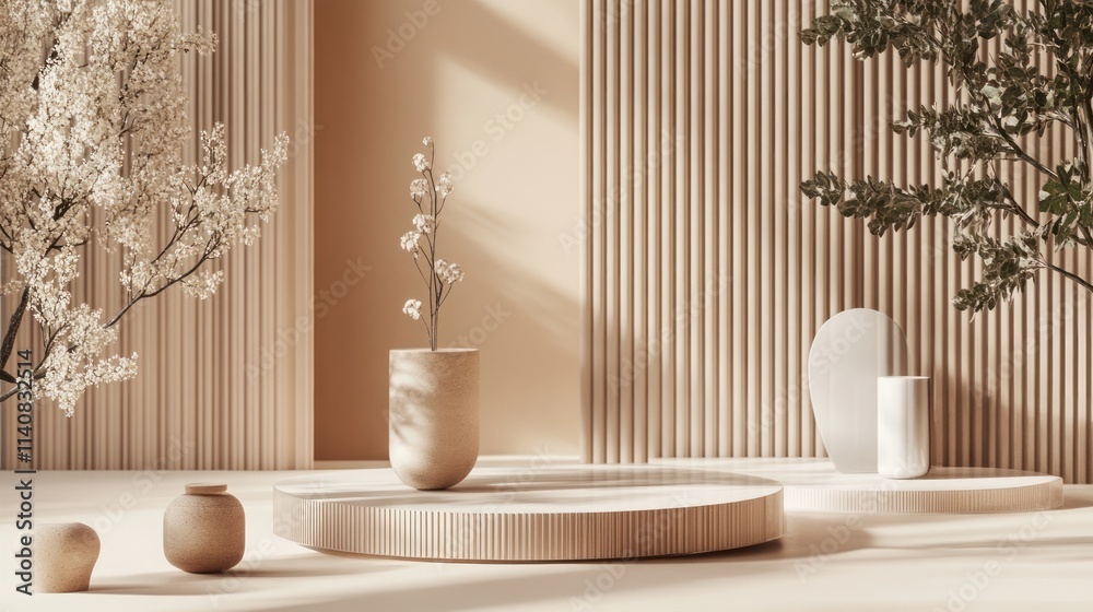Poster a serene, minimalist setting featuring natural elements and soft textures.