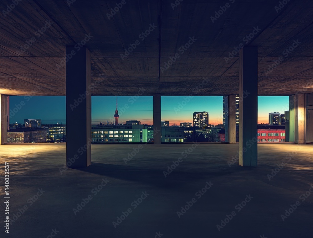 Poster urban view from a concrete structure at dusk, showcasing city skyline and architecture.