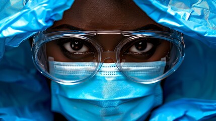 Healthcare professional in blue attire protects against viruses using personal protective equipment