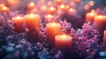 Warm orange candles in a cluster, surrounded by purple crystals, creating a magical ambiance.