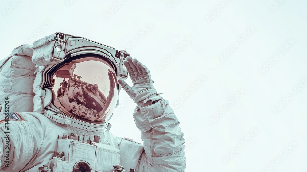 Aufkleber an astronaut adjusts their helmet in a space environment, reflecting the vastness of space.