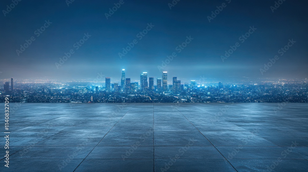 Poster a panoramic view of a city skyline at night with illuminated buildings and a clear sky.