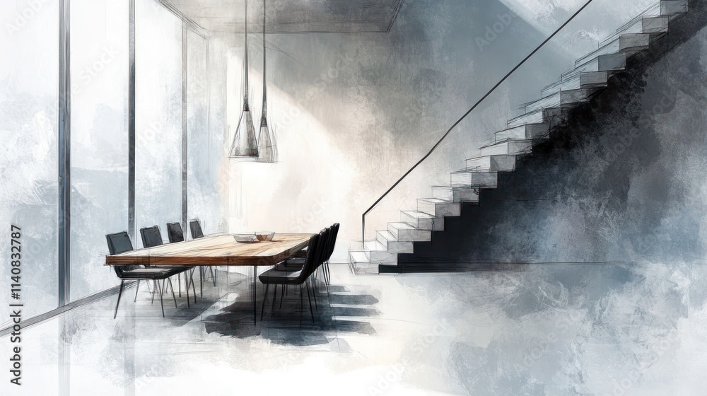 Poster a modern meeting space featuring a long table and staircase, emphasizing simplicity and elegance.