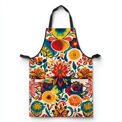 A colorful kitchen apron with vibrant patterns and front pockets on a white background 
