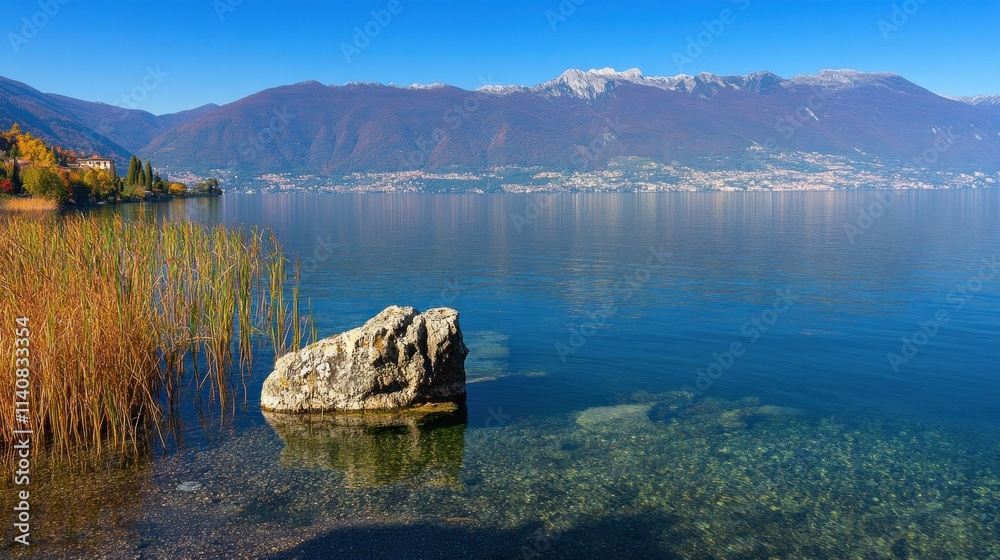 Poster serene lake view with mountains in the background and a rock in the foreground.
