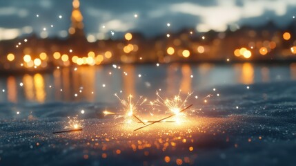 Fototapeta premium Festive 2025 sparklers glowing on a snowy surface with city lights in the background. Perfect for New Year celebrations.